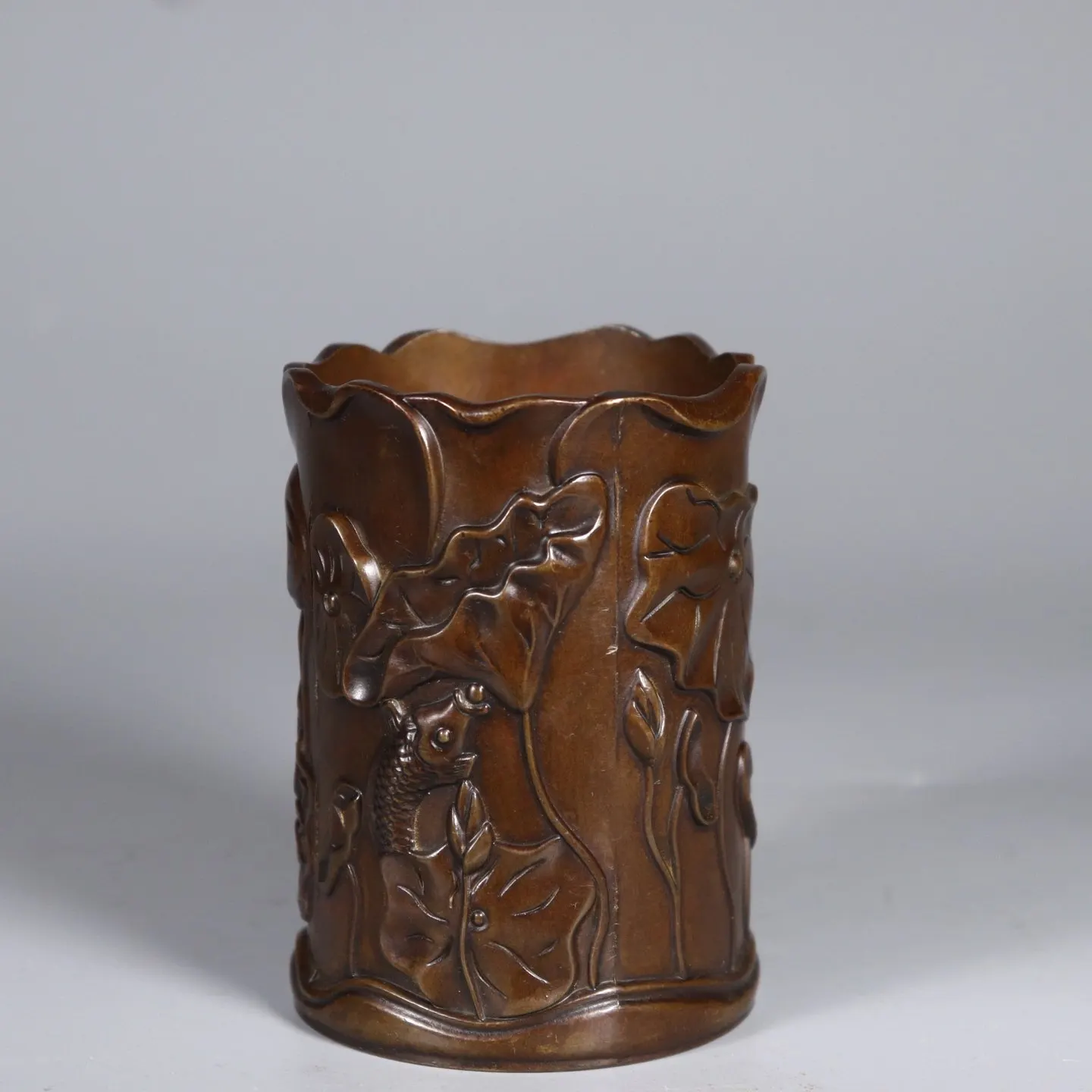 Antique Solid Brass Lotus Pen Holder Retro Patina Desk Decoration Home Office Craft Ornament