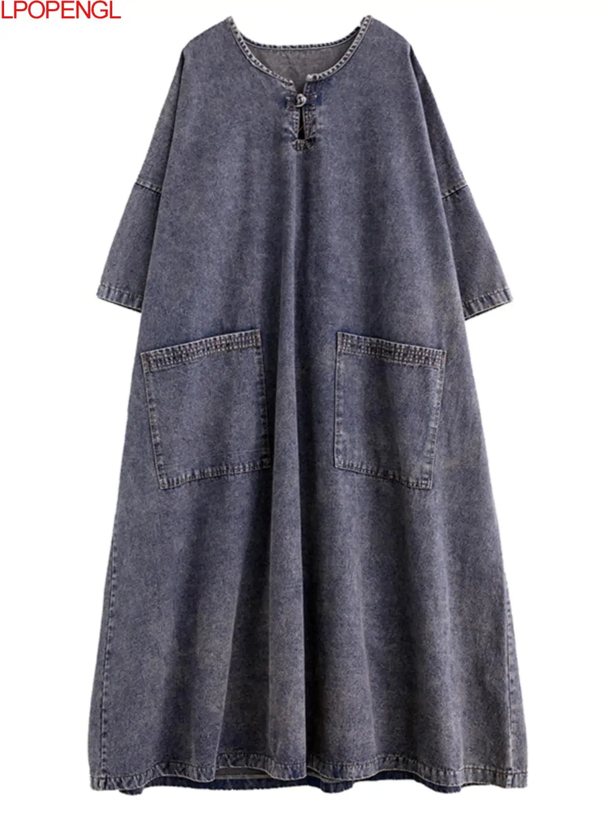 New Fashion Spring And Summer Loose Casual Round Neck Button Denim Dress Women\'s A-line Large Hem Pullover Streetwear Long Dress