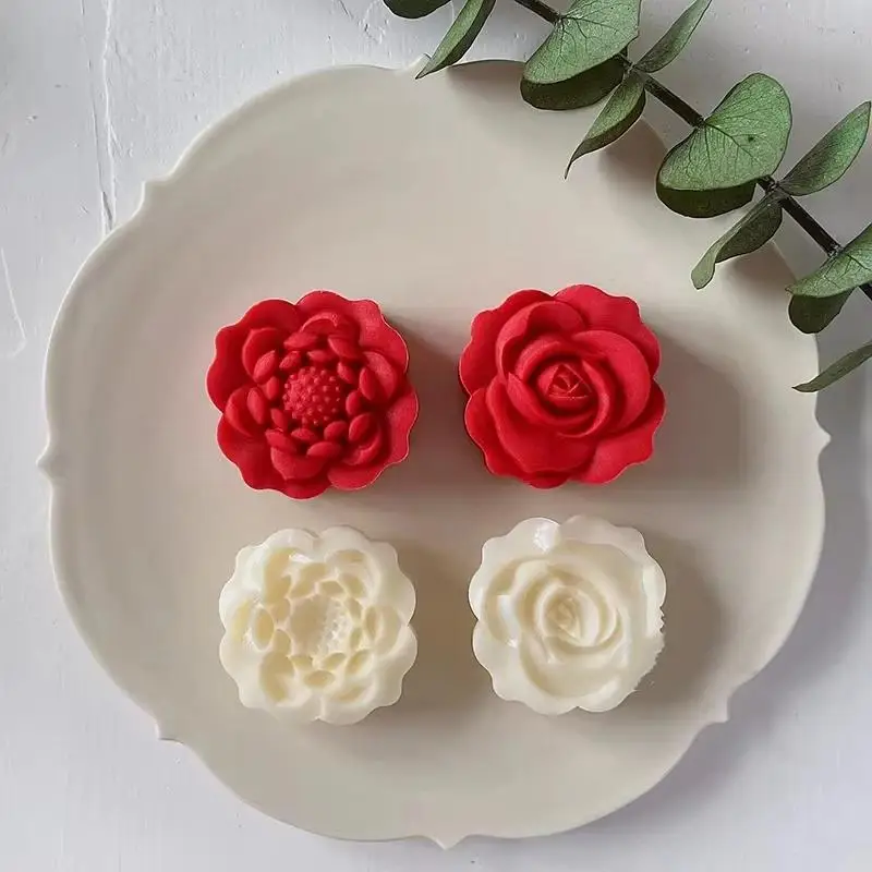 1 Set 3D Flower Shape Mooncake Mold Non-Stick Hand Plunger for Mid-Autumn Family Gathering DIY Pastry Making