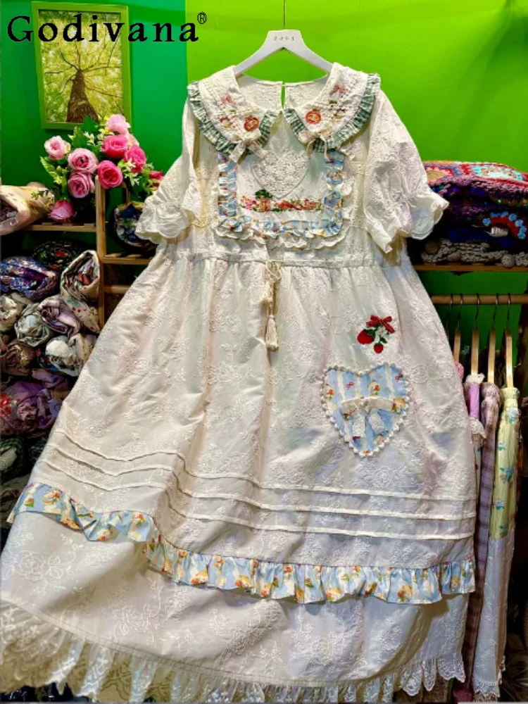 

Summer Short Sleeve Sweet Embroidered Lace Bow Princess Long Dress Versatile Age Reduction Loose Peter Pan Collar Dresses Women