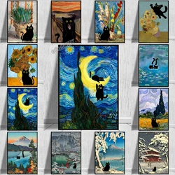 Funny Black Cat Canvas Paintings Monet Van Gogh Cat Posters Print Pictures Mural Scream Black Cat Abstract Wall Art Home Decor