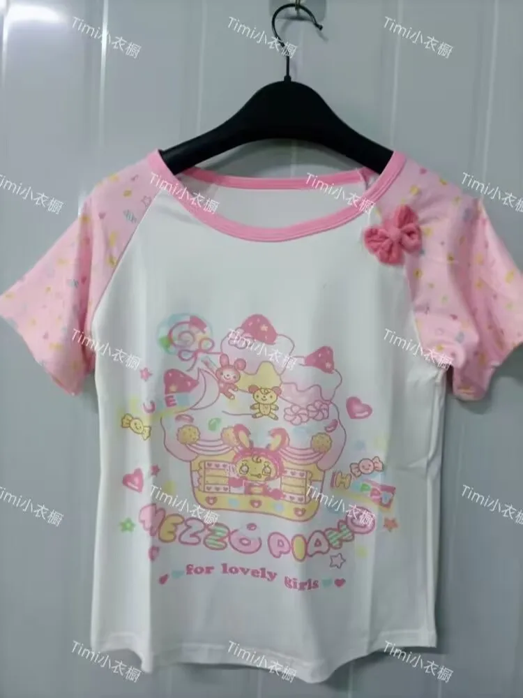Japanese Aesthetic Pink Lolita T-shirts Women Y2k Clothes Sweet Girl Cartoon Print Bow Tees Casual Kawaii Grunge Fairy Tops
