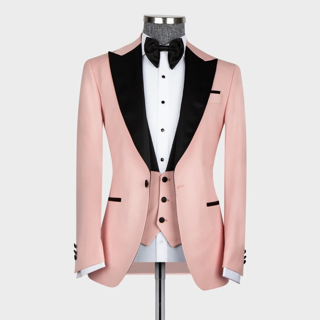 Zwarte Satijnen Kraag Roze Bruiloft Smoking Bruidegom Pakken 3 Stuks Blazer Vest Broek Op Maat Formele Prom Party Mannelijke Pak