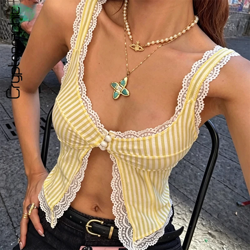 Striped Front Split Lace Trim Tank Top Y2K Sleeveless Cute Going Out Summer Tops Casual Beach Vacation Music Festival 2026
