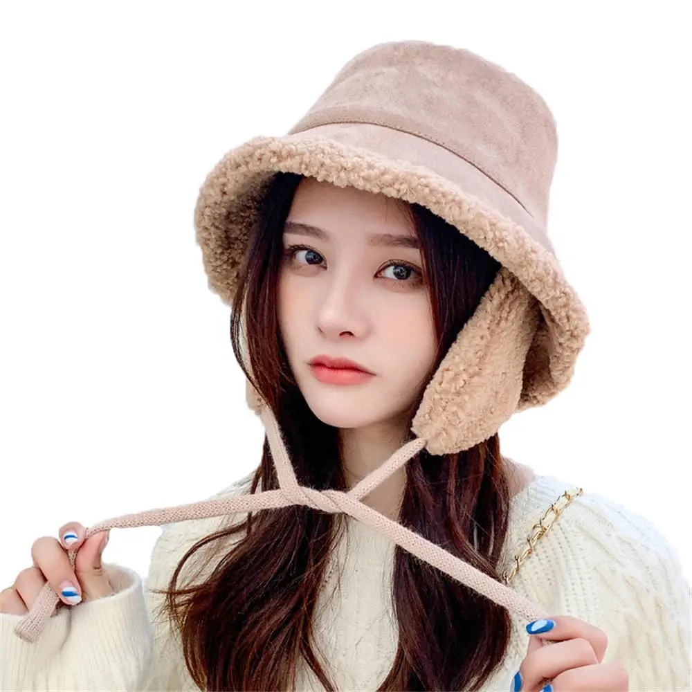 Winter Lamb Fur Fisherman Hat Fur Warm Female Hat Ear Protection Men And Women Bucket Hat Outdoor Sun Hat Panama Hat