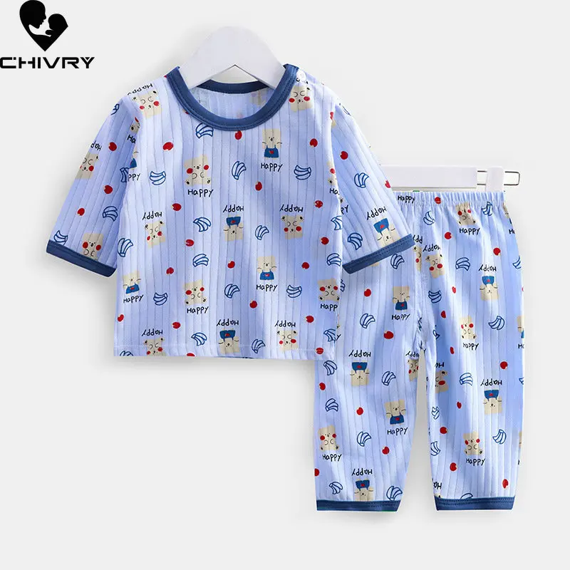 T-shirt à manches trois-quarts imprimé dessin animé pour enfants, pyjamas minces pour bébés garçons et filles, vêtements de nuit avec pantalon, vêtements de maison, été, nouveau