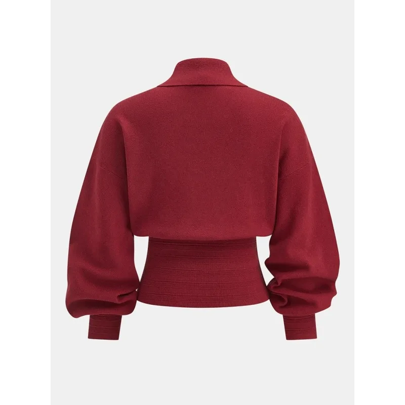 티나 새해 레드 니트 티셔츠 여성용 2025 가을 겨울 슬림 웨이스트 폴로넥 랜턴 슬리브 홀리데이 파티 197739