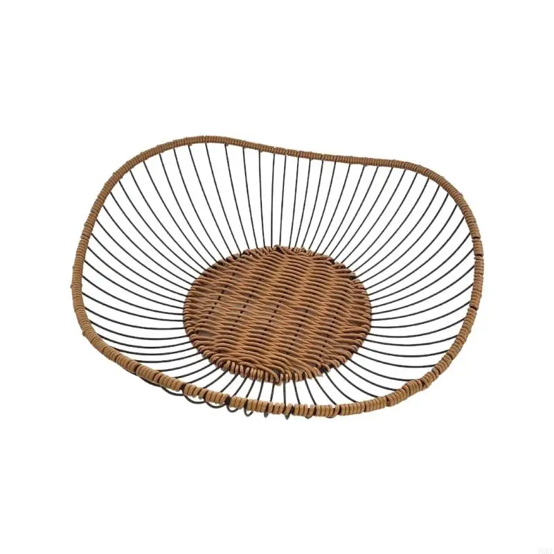Sturdy Metal Wire Basket With Hand woven Rattan Trim Decorative Vegetable Tray Perfect For Drying Freshness Produce 55KF
