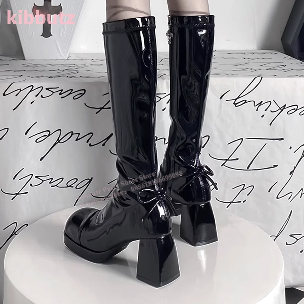 

Patent Leather Knee High Boots Platform Square Toe Chunky Heel Butterfly Knot Side Zippers Solid Black Fashion Sexy Elegant Shoe