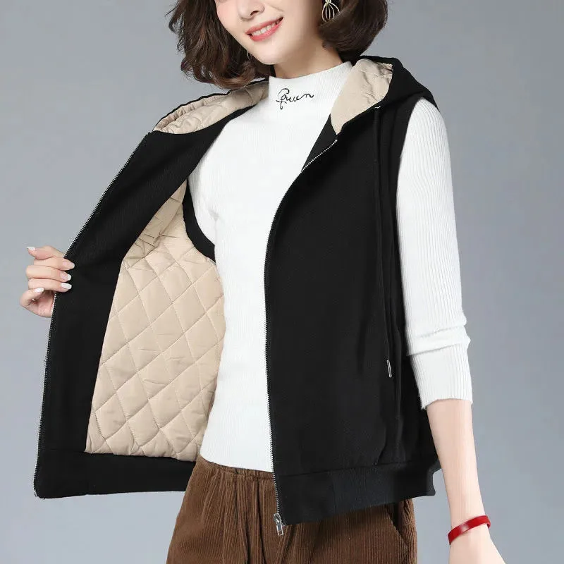 

Add Cotton Padded Vest Coat Women 2022 New Autumn Winter Black Waistcoat Loose Hooded Sleeveless Vests Short Cotton Jacket