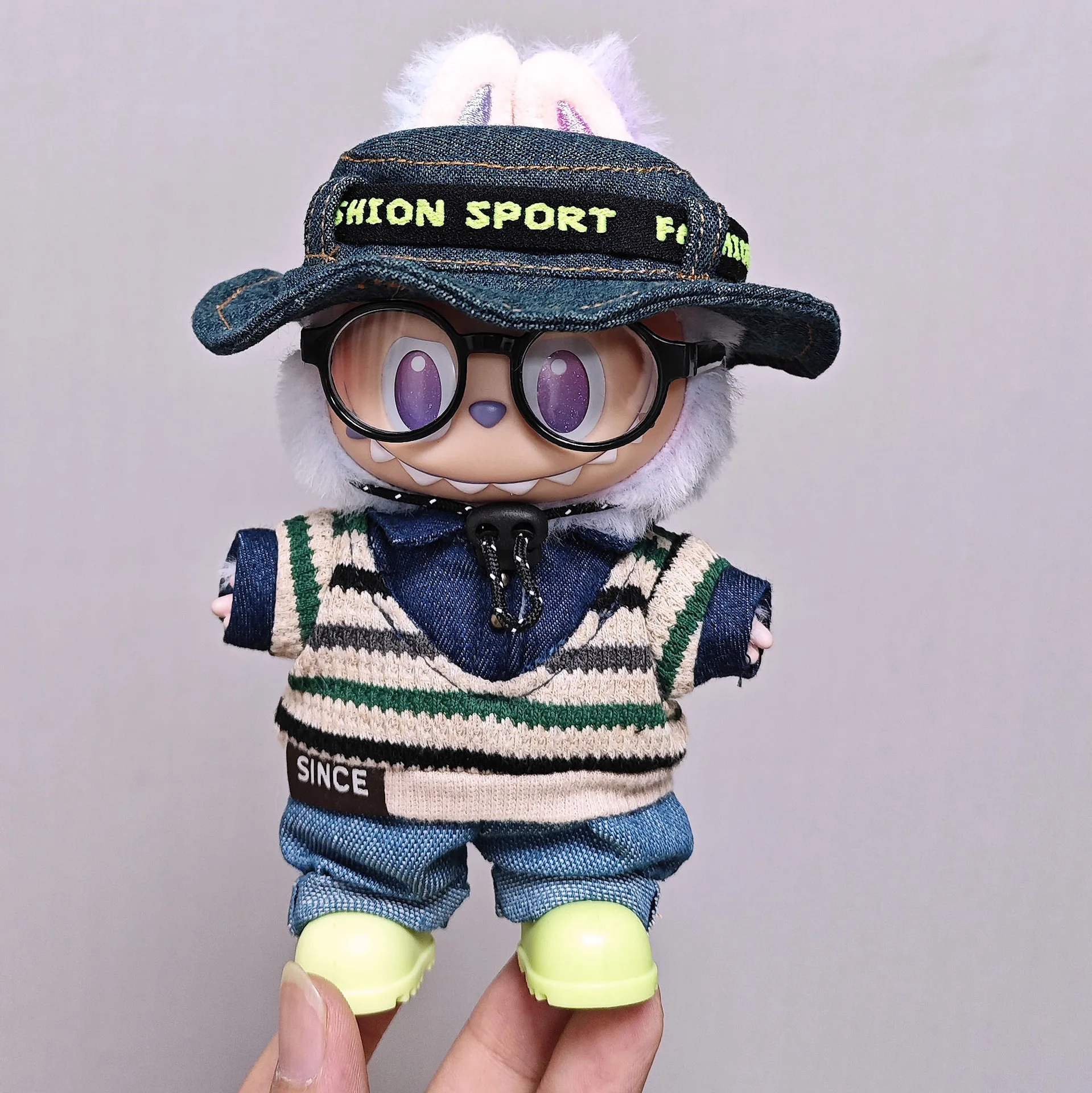 

Labubu Doll Clothes Striped Sweater Jeans Fisherman Hat Shoes Glasses Outfit for 1.0 2.0 3.0 Generation Vinyl Figure Set