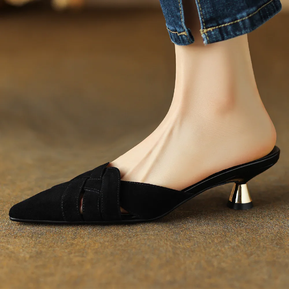 

Women's genuine leather kitten heel pointed toe slip-on summer mules elegant ladies narrow band braided toe low heel sandals hot