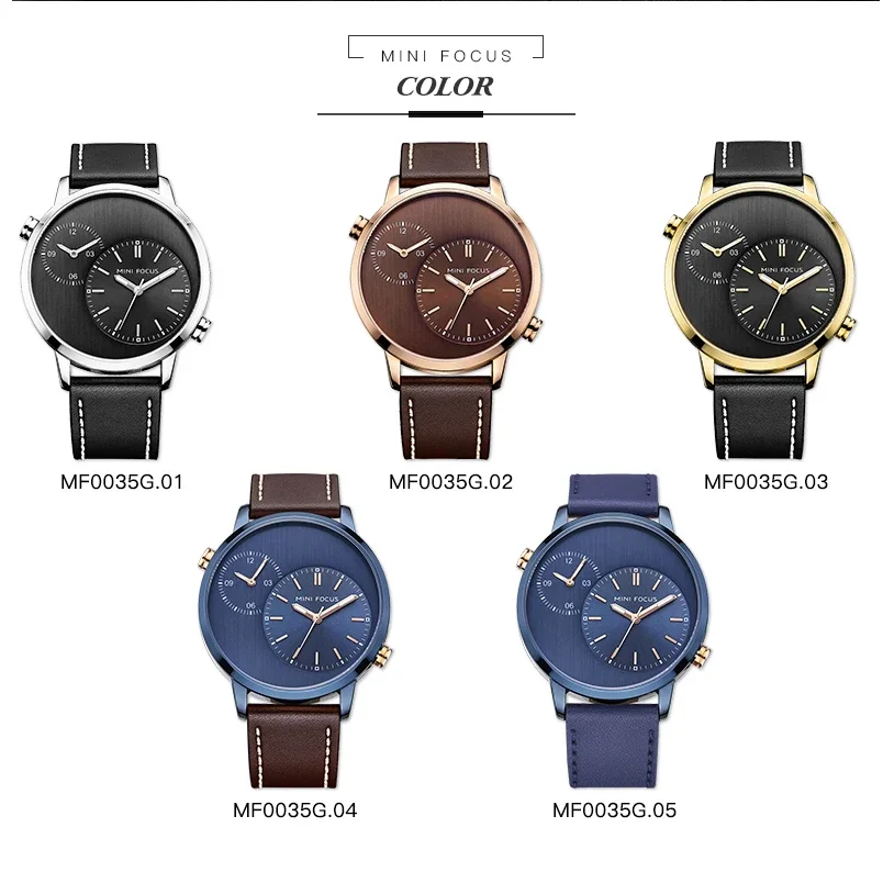 MINI FOCUS 0035G Luxury Genuine Leather Busines 2 Time Zone Quartz-Watch Men Wristwatch Men Watches Fashion Casual Man Watch