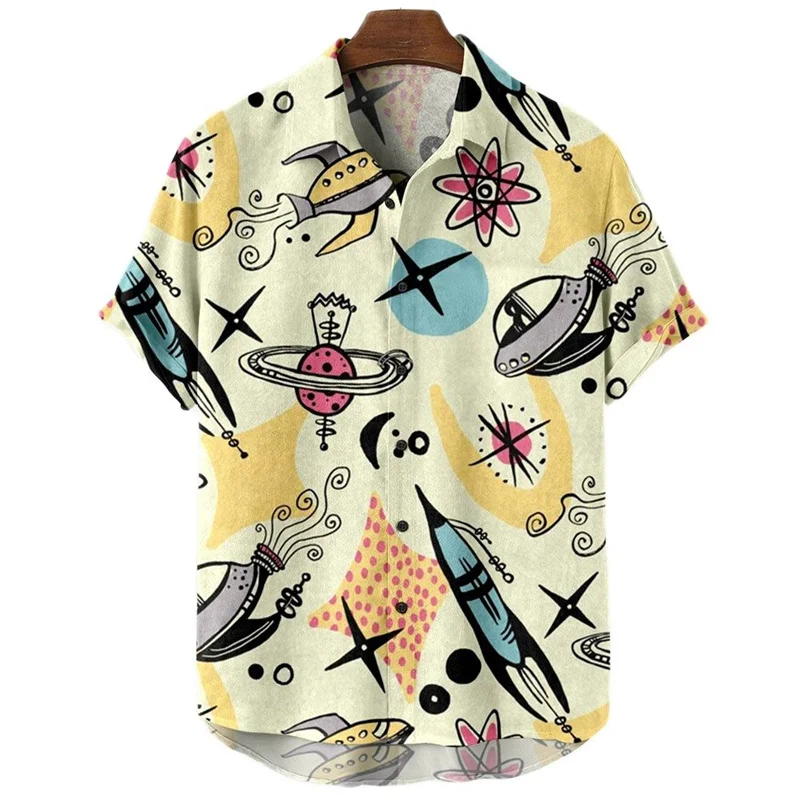 Rocket Graphic Shirts for Men Clothing 3D Printed Hawaiian Vacation Beach Shirt Lapel Blouse Summer Casual Clothes Tops Chemise