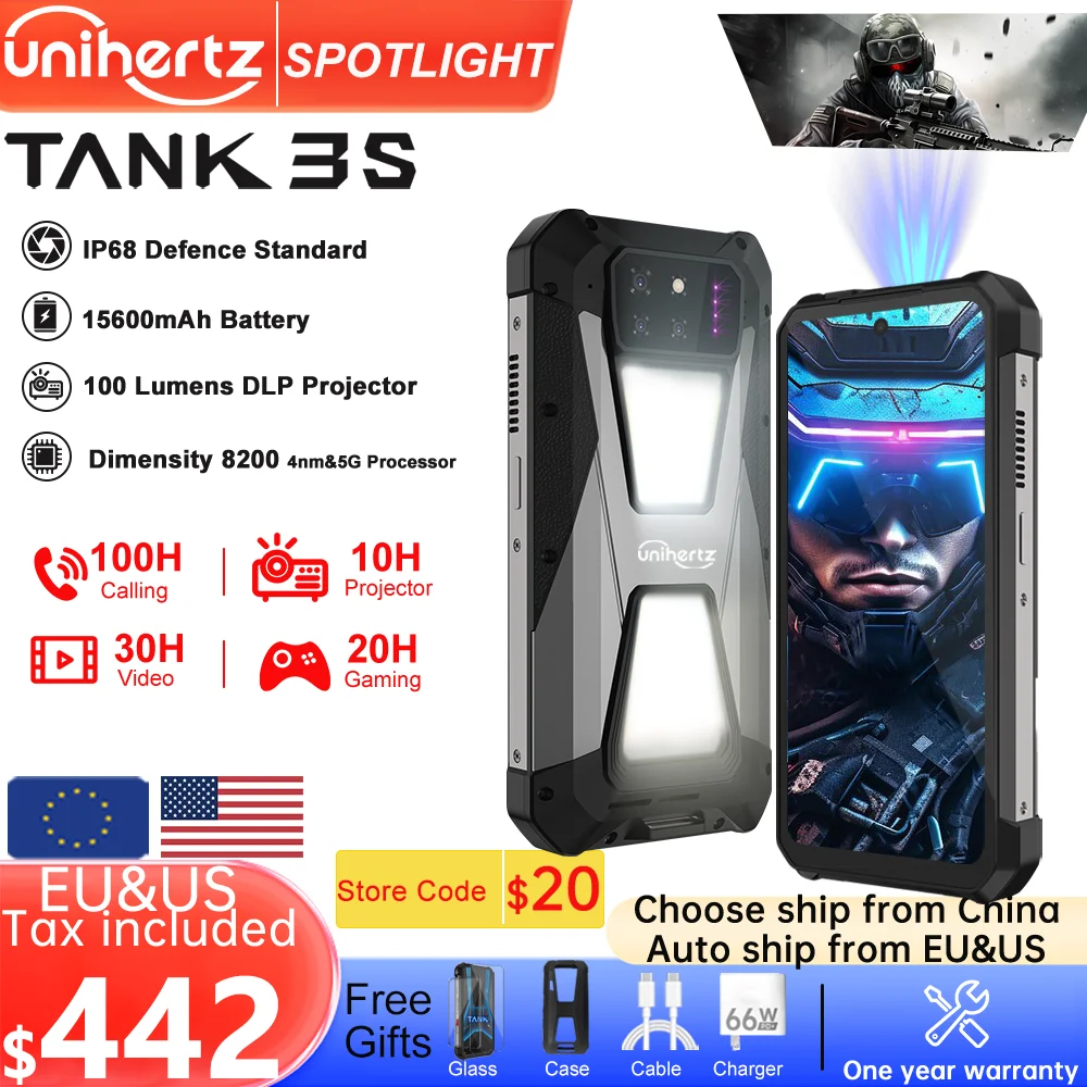 Unihertz tank 3s 8849 powered phone with projector 24/32GB 256/512GB Dimension 8200 cellphone 15600mAh 66W smartphones