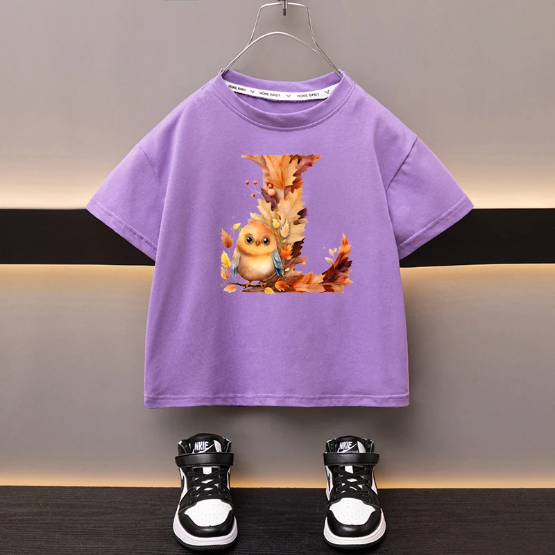 Maple Leaves Letter L Children T-shirt Kawaii Clothes for Girls T Shirt Anime Cartoons Casual Kid Boy Short Sleeve Tops New 2024