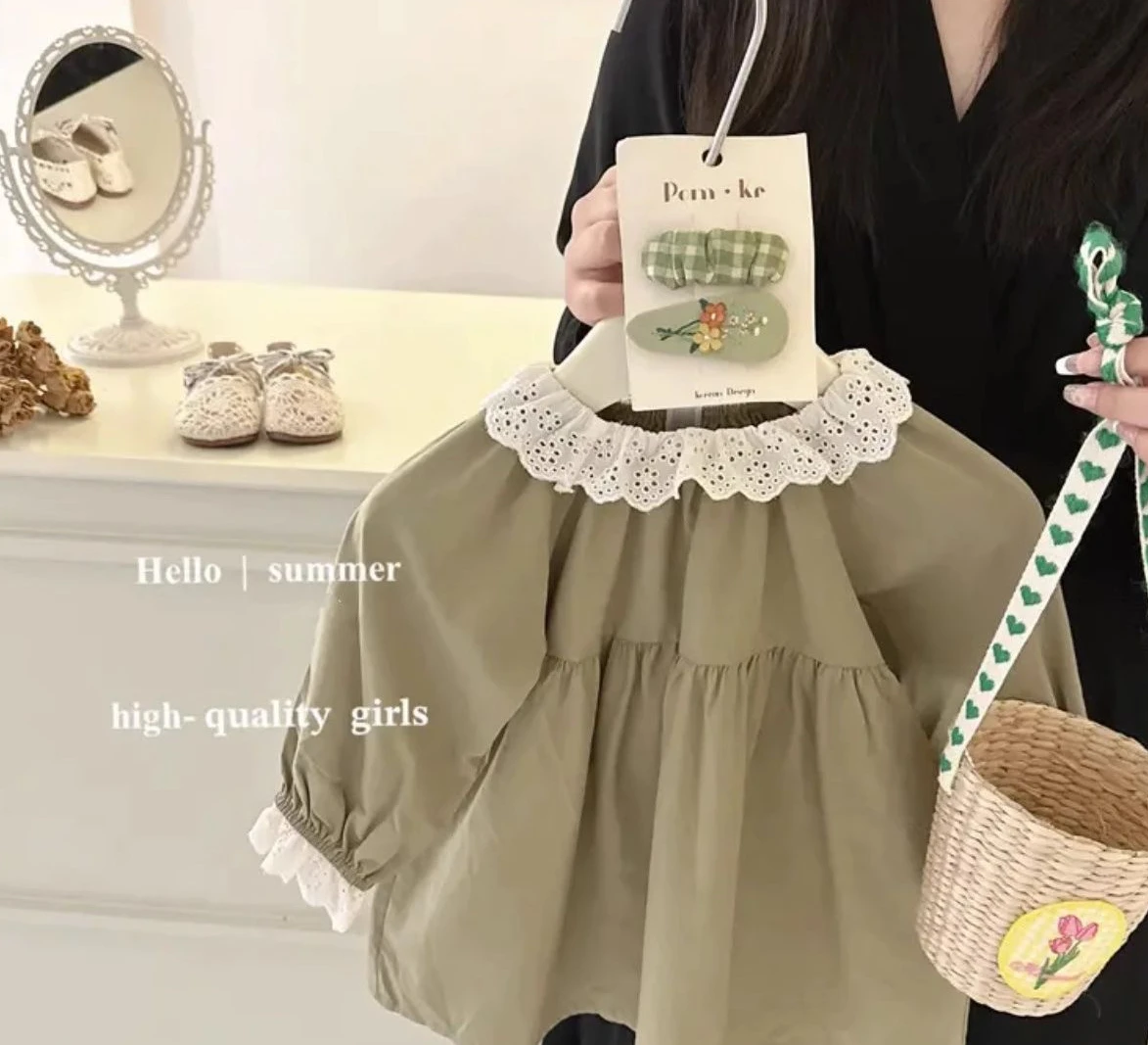 

Girls Dress 2023 Korean Style Early Autumn New Cotton Dress Lace Princess Long Sleeve Children Doll Shirt Fashion Solid Dress