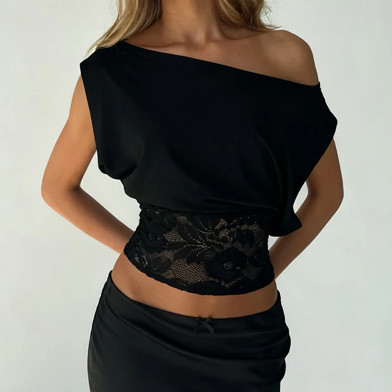 [RUOKE] Elegant Lace Patchwork One Shoulder Slim Fit Crop Top Women Sexy Street Casual Blouse Spring Summer Office Daily Outfit