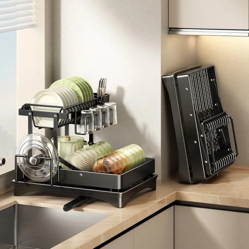 Dish Drying Rack 2 Tier Kitchen Countertop Dish Drainer For Plate Cup Cutlery Storage Organizer