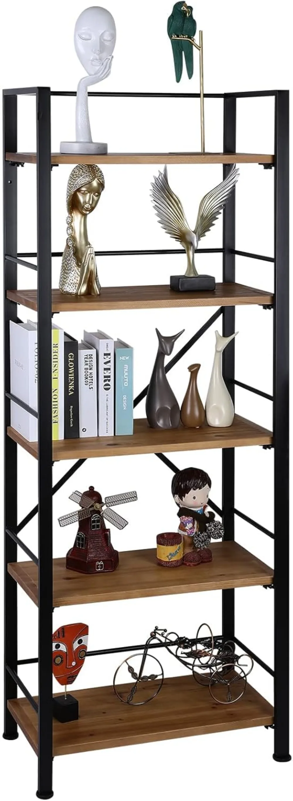 

Rustic Bookshelf, 5 Tier Real Wood Bookshelf, Metal Book Shelf for Storage, Black Bookcase, 12.6" D X 23.62" W X 64.17" H