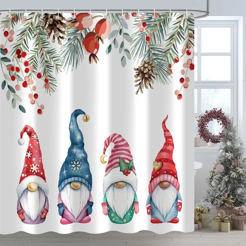 Watercolor Christmas No Face Doll Pine Branch Red Berries Pinecone Shower Curtain Bathroom Decor No Drilling with 12