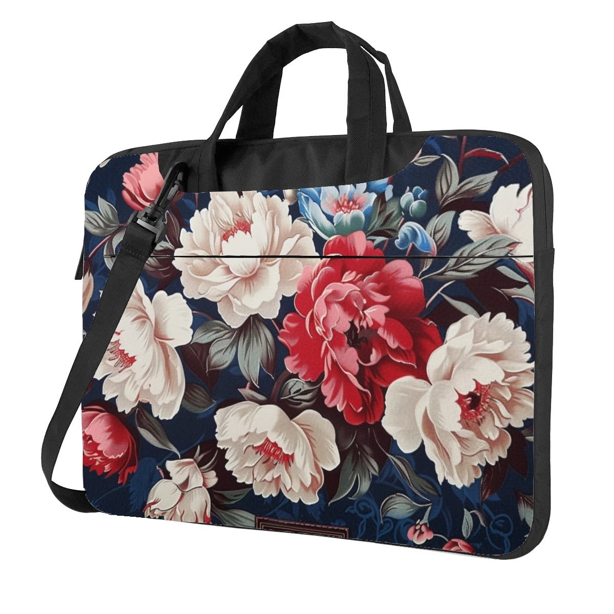 Peônia Flor Impresso Laptop Bag, Moda Pasta, Padrão Impresso, Ultra-fino, Bolsa de Ombro Portátil, Branco, Vermelho, 13 ", 14", 15,6"