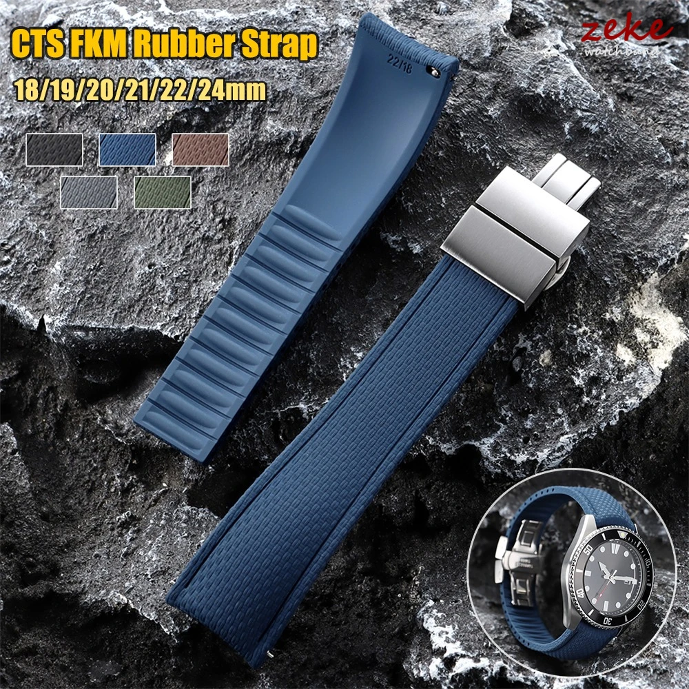 18/19/20/21/22/24mm Gebogenes Gummi-CTS-FKM-Uhrenarmband mit gebogenem Ende, wasserdichtes Uhrenarmband mit Schnellverschluss-Schmetterlingsverschluss, zuschneidbar.