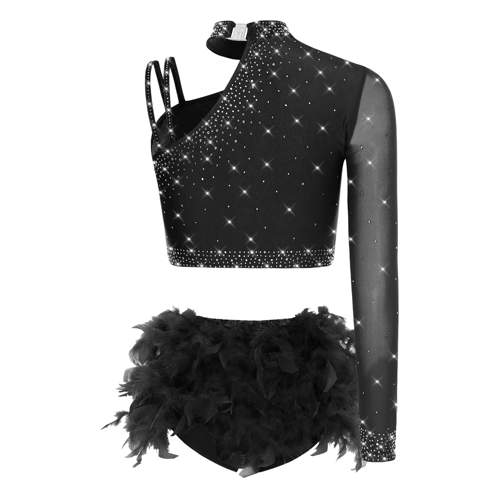 Womens Latin Jazz Dance Outfits 2-piece One Shoulder Long Sleeve Crop Top+Feather Briefs for Belly Dance Chacha Tango Dancewear
