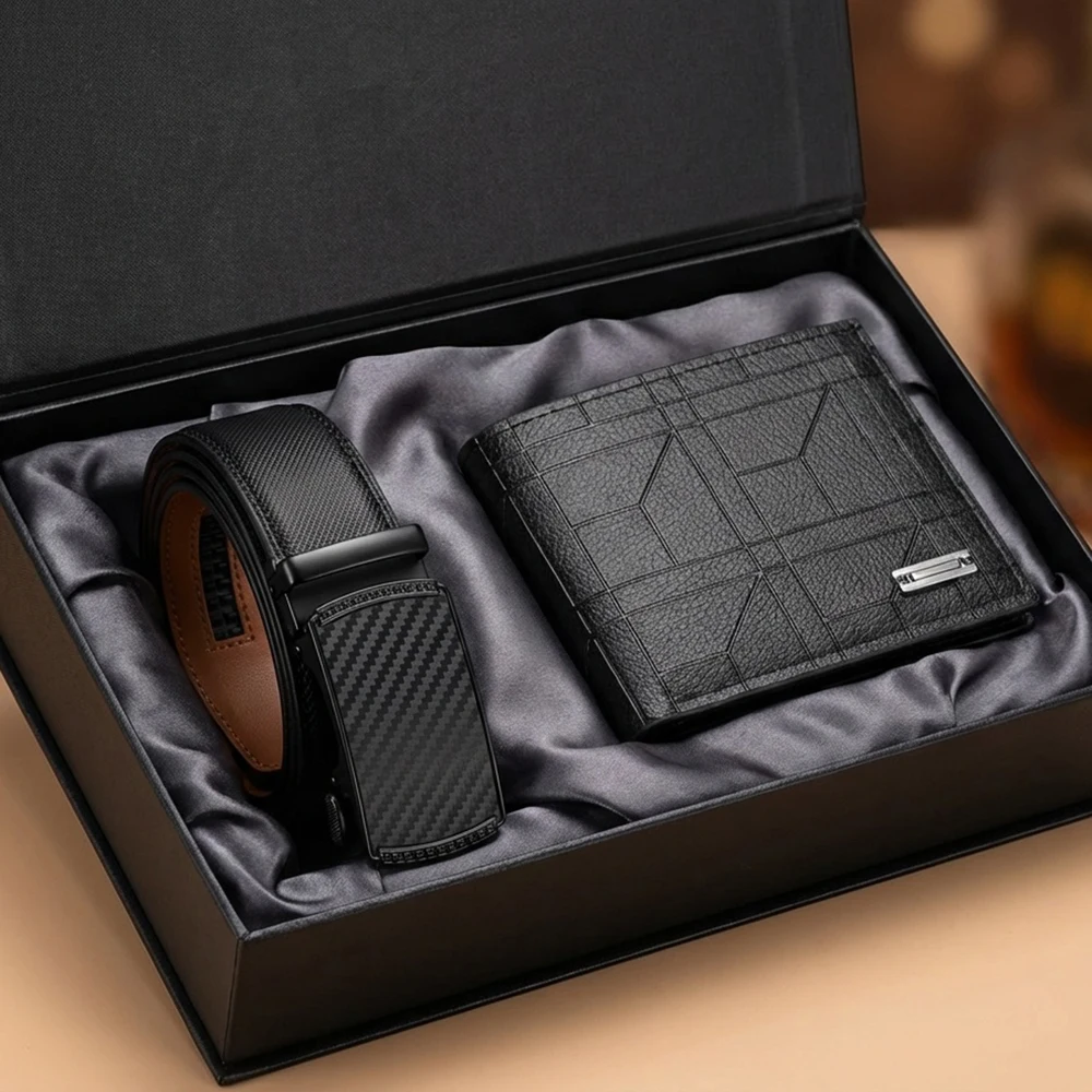 2pcs Fashion Men's Wallet Belt Set Trendy High Quality Men's Business Automatic Buckle Belt Simple Men's Clothing Accessories