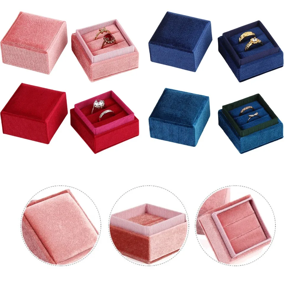 Velvet Square Double Ring Engagement Jewelry Ring Storage Box Organizer Valentine Day Gift Ring Display Holder Package