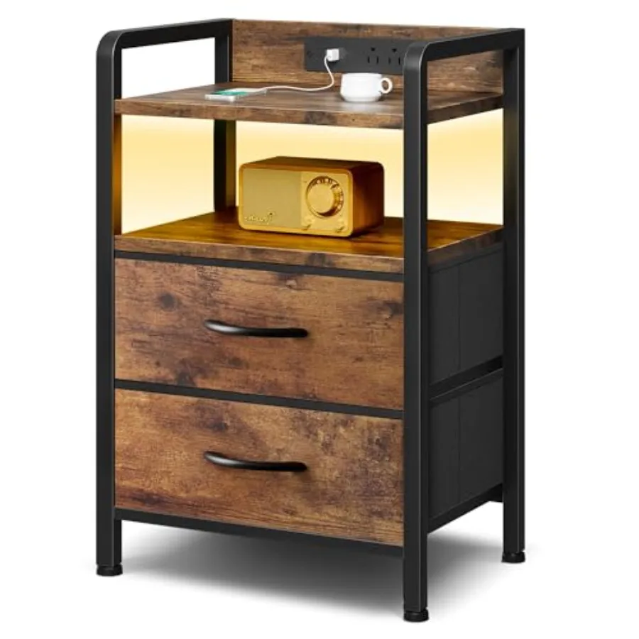 

Night Stand Bedside Table Bedroom - Nightstand with Charging Station LED Light Strip U-S-B Ports AC Outlets Storage Shelf 2 Fab