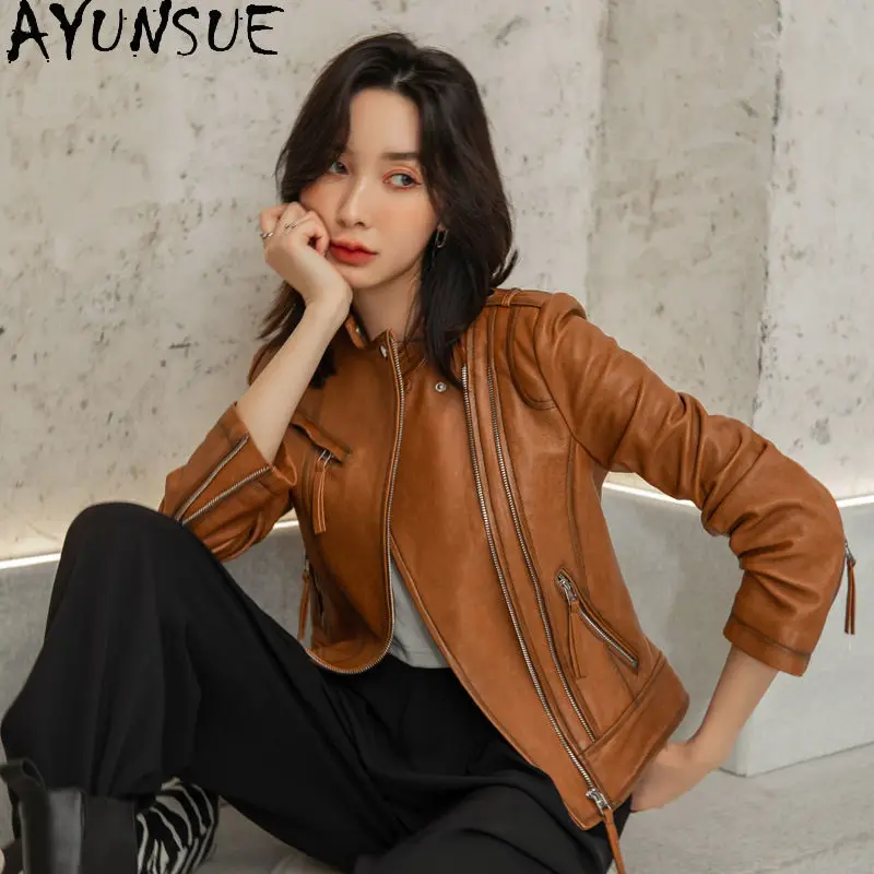 AYUNSUE Kurtka damska ze skóry owczej licowej, odzież damska 2025, kurtki motocyklowe, dopasowany krój, wiosenno-jesienny płaszcz damski, elegancki