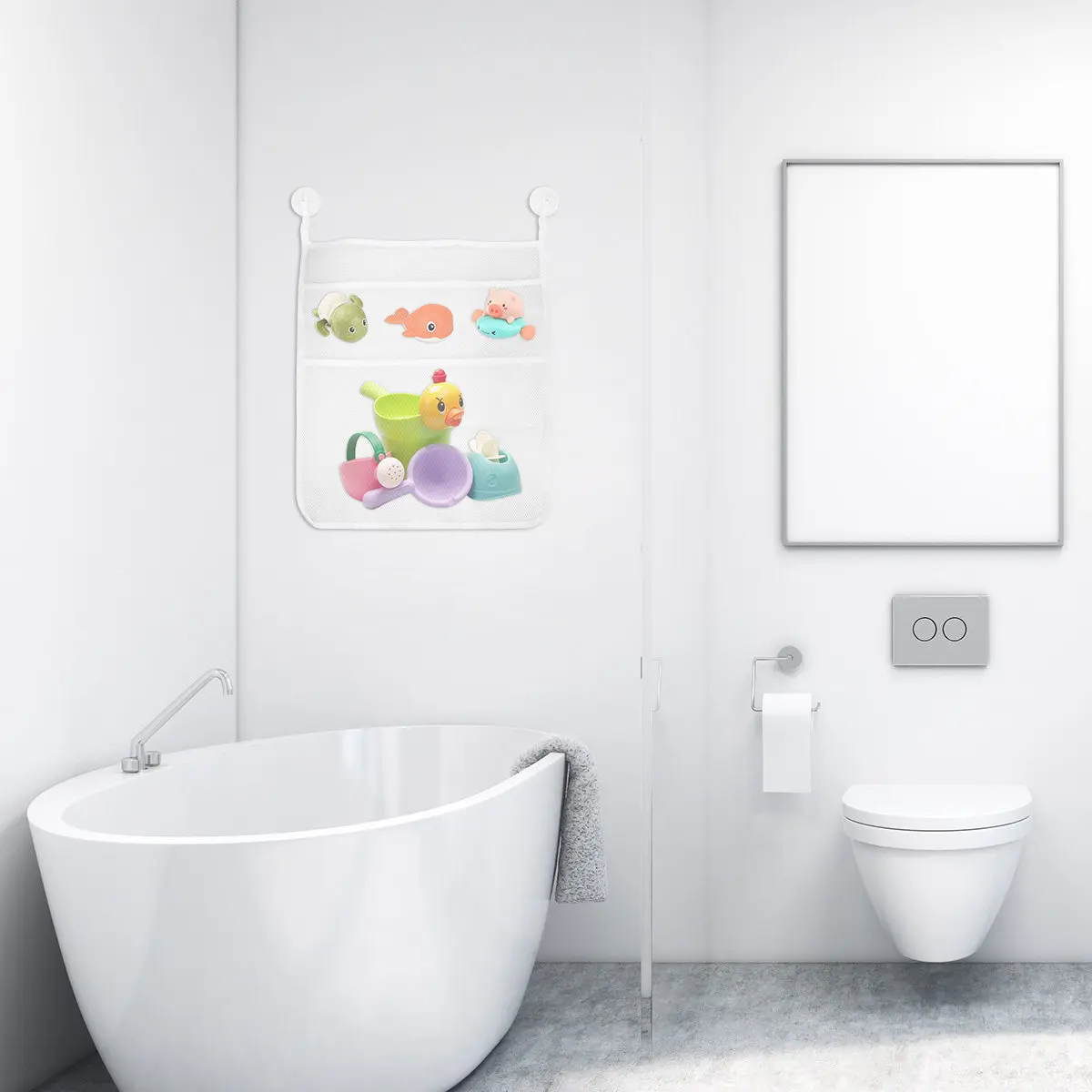 

Baby Shower Hanging Storage Bag Clothes Storage Pouch Baby Toys Storage Pouch Mesh Sucker Storage Bag with Four Grids for Bathro