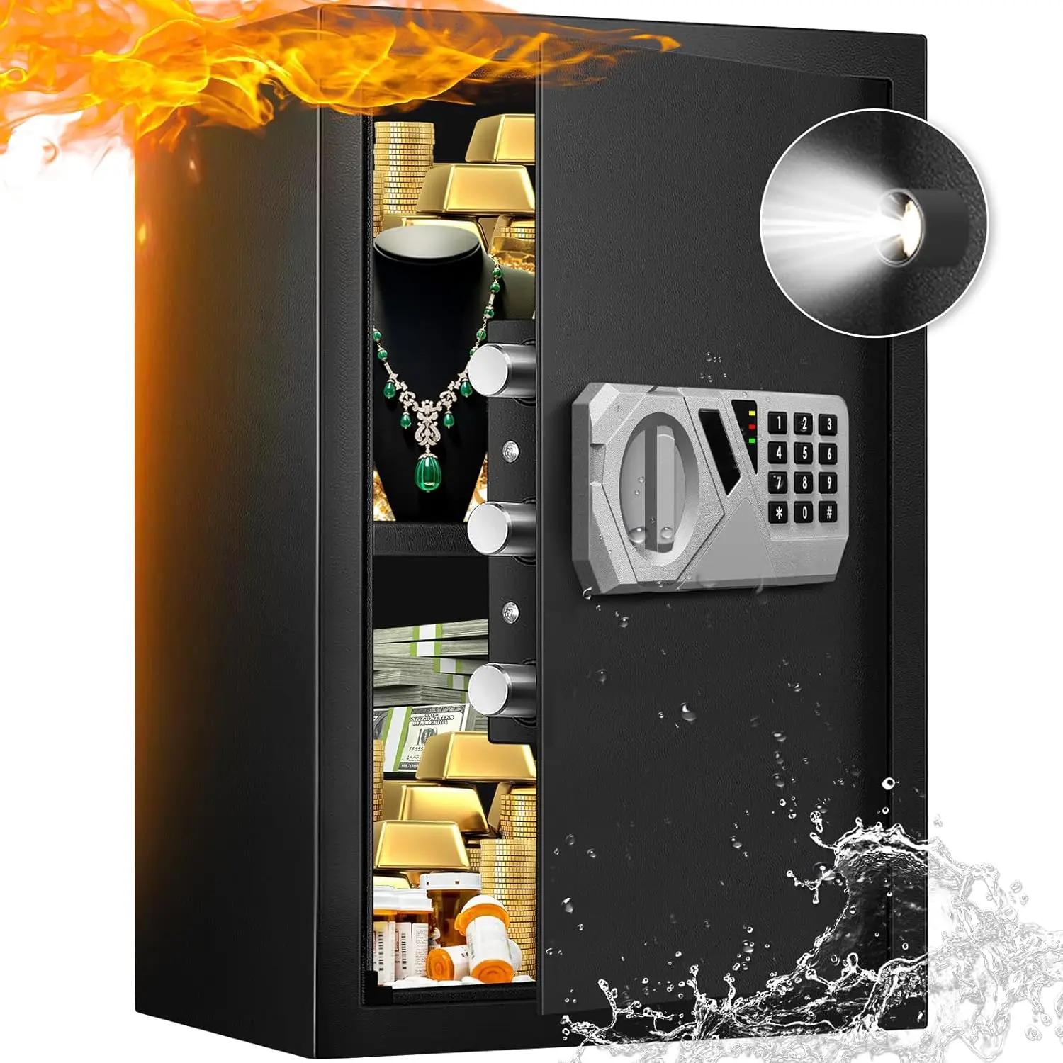 

Огнестойкий домашний сейф 2,2 куб. фута — цифровая электронная клавиатура, стальной кодовый замок со съемной полкой, аварийный