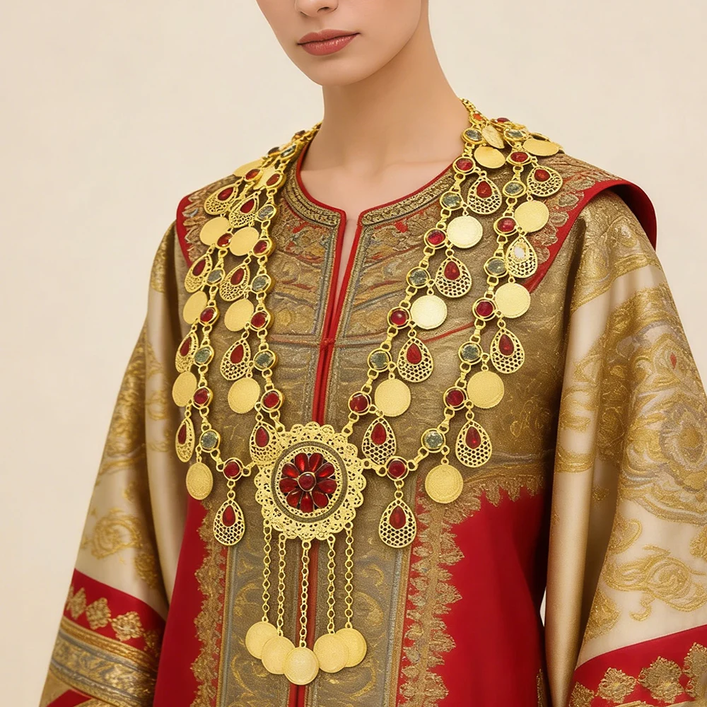 

Bohemian Coin Tassel Crystal Waterdrop Tassel Necklace Golden Plated Rhinestones Ethnic Charms Jewelry For Women Dress Accessory