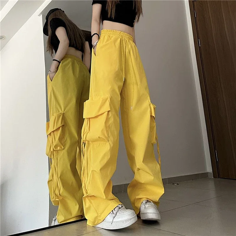 Hip Hop Cargo Broek Vrouwen Jazz Zwart Grote Zakken Streetwear Broek Hoge Taille Effen Mode Harajuku Y2K Wijde Pijpen Broek