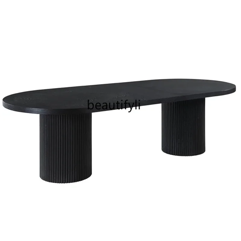 

Medieval style creative art dining table oval wabi style retro black solid wood home dining tableAA