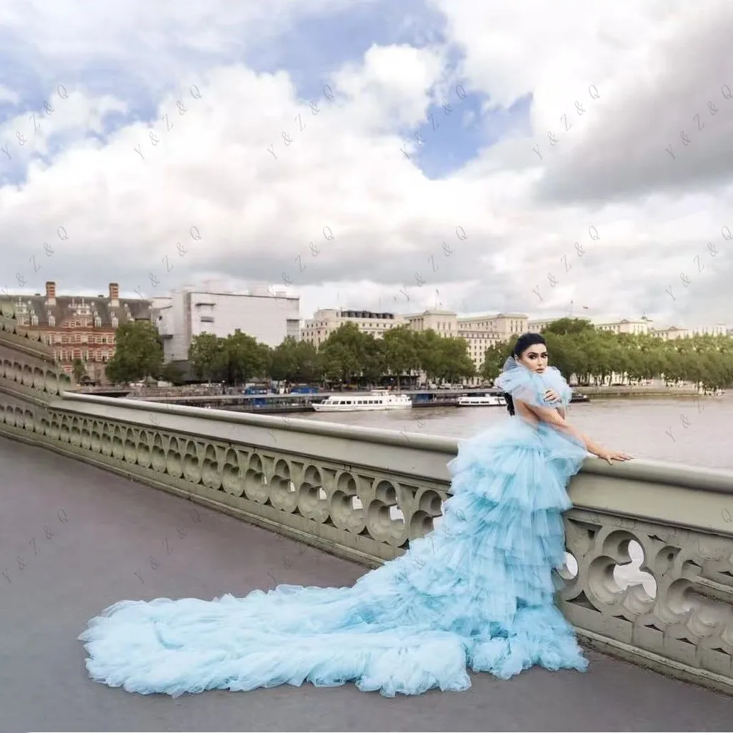 Dreamlike céu azul longo tule vestidos femininos para sessões de fotos em camadas extra exuberante vestido de noiva em camadas sem costas maxi vestido