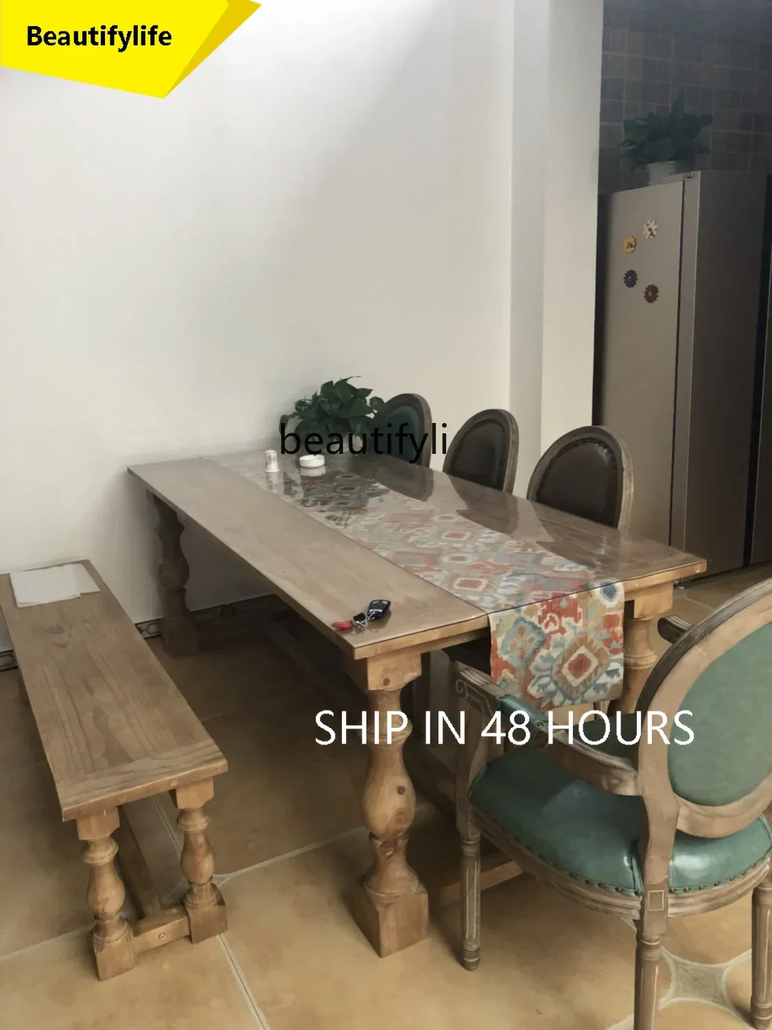 A53 American retro old solid wood rectangular dining table log simple table and chair combination