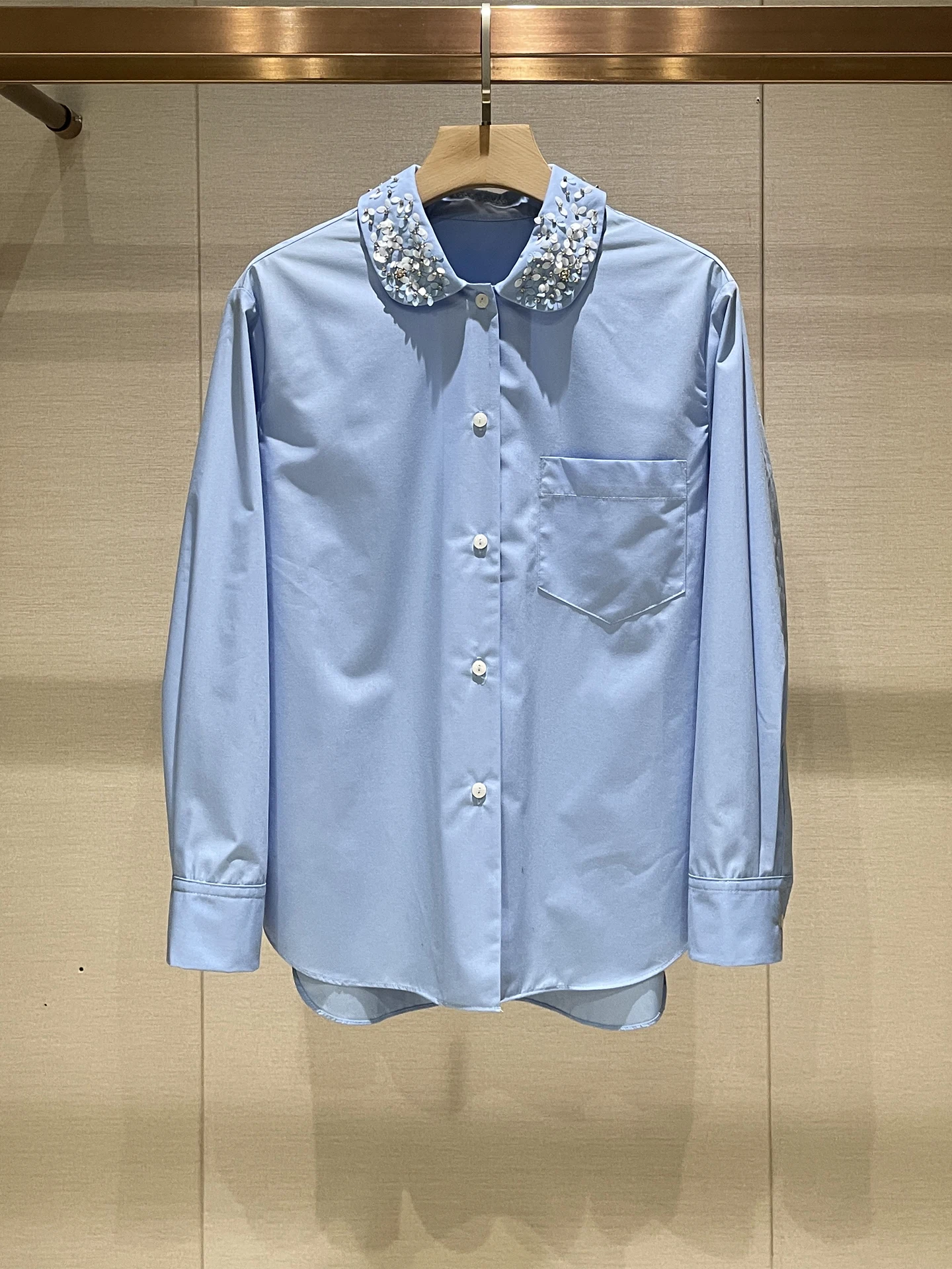 

Korean Sle Casual Blue Sequin Women's irt Spring 2026 New Heavy Embroidery Breathable Comfortable Long Sve Faionable