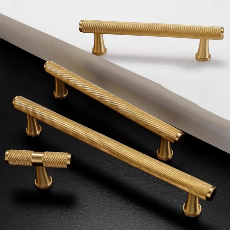 Door Handle Solid Brushed Brass Handle Cross Knurled Kitchen Cabinet Pulls T-bar Knobs Wardrobe Drawer Knob Wardrobe Handles