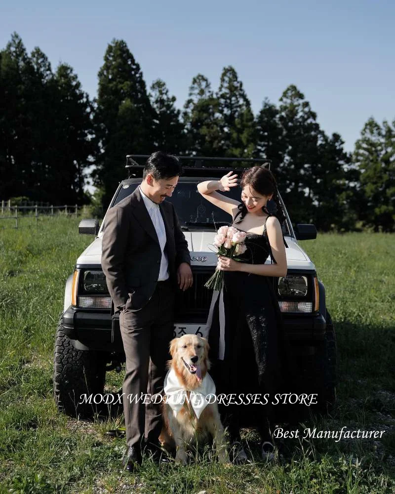 MODX Simple Silk Organza Wedding Party Dresses Korean Photoshoot Straps Ankle Length Prom Evening Gowns Corset Back