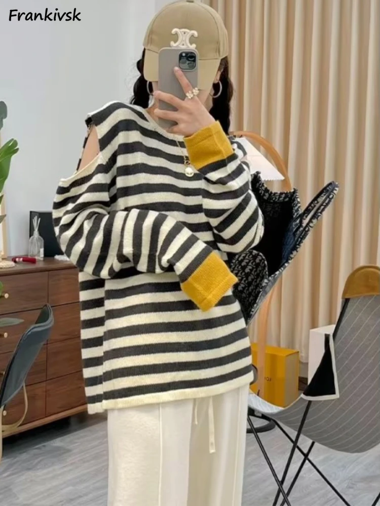 Striped Sweaters Women Hollow Out Panelled Loose Stretchy Elegant Daily Simple European Style Retro Fashion Leisure Streetwear