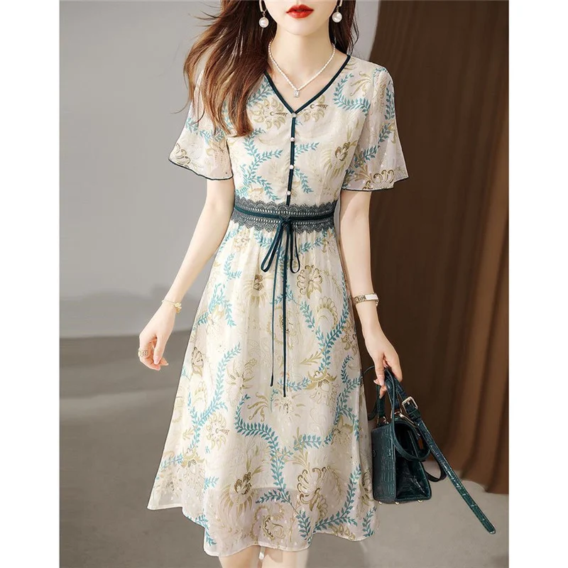 2022 Summer Fashion Korean Elegant V Neck Short Sleeve Lace Patchwork Slim Dresses for Women Chic Sweet Tunic Midi Dress Vestido