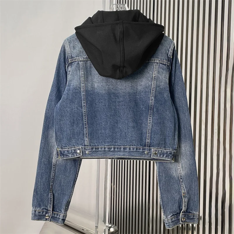 Women's jacket New winter 2025 single breasted slim fit hooded denim jacket Color blocking spliced cotton blend women's coat y2k