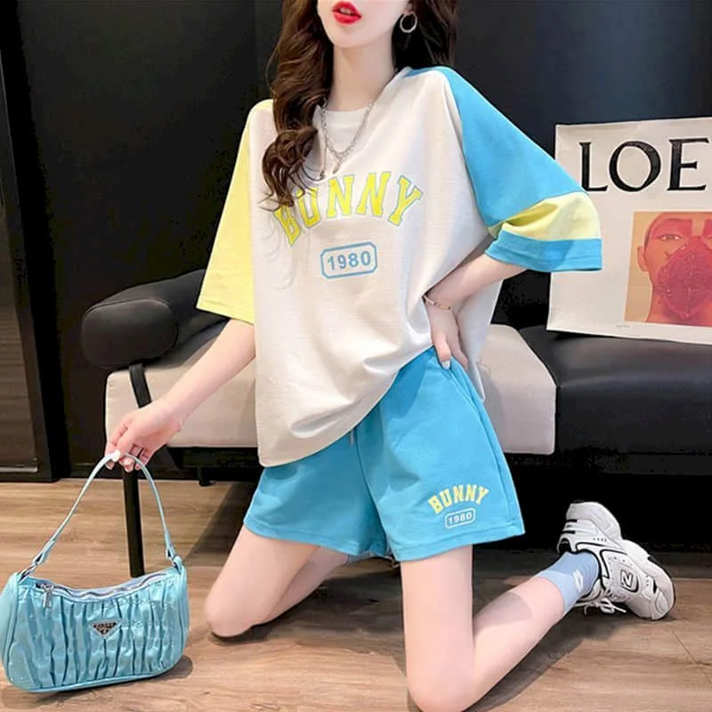 Sporty Shorts Set Hslf Sleeve T-shirt 2 Piece Sets Women Outfits Summer Sportswear Suits Loose Korean Style Casual Pants Sets