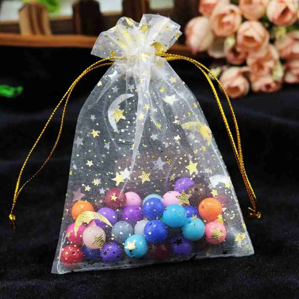 100pcs/Lot 7x9 9x12 11x16 13x18cm Printing Star Moon Christmas Organza Sack Drawstring Charm Packaging Bags Daily Jewelry