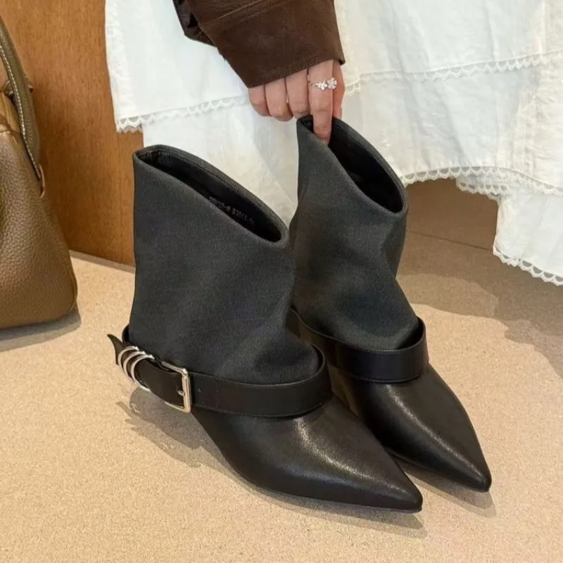 

Vintage Brown Pointed Toe Colorblock Pant Heel Booties Women's Low Heel 2025 New Boots