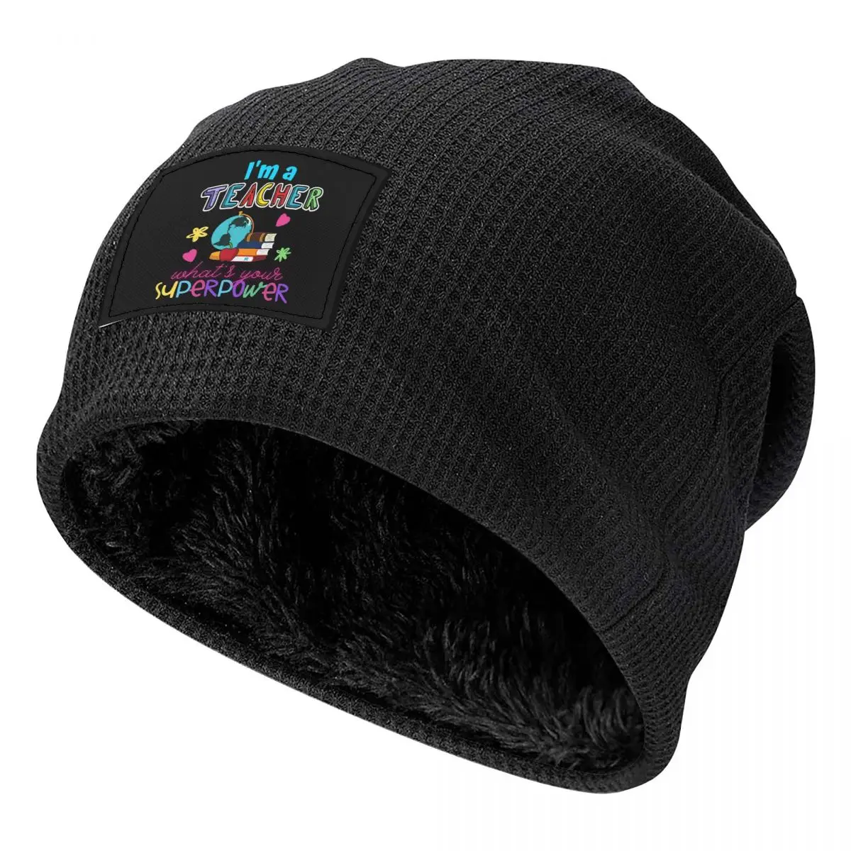 I'm A Teacher What_s Your Superpower Waffle Knit Fleece Lined Beanie with PU Leather Patch Unisex Warm Winter Soft Cap