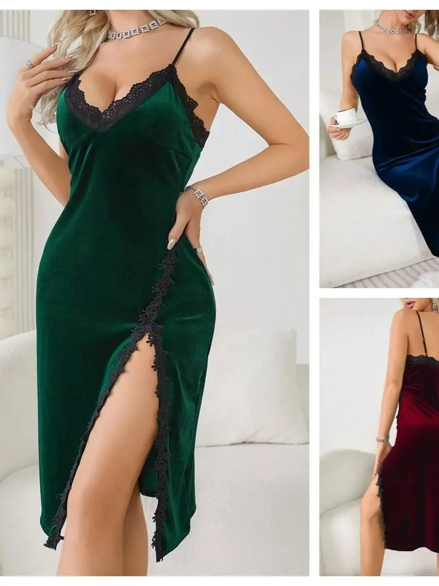 섹시한 벨벳 레이스 패치워크 캐미솔 나이트드레스 여성용 슬릿 롱 홈웨어 캐주얼 퓨어 디자이어 엘레강트 스타일 드레스 T4U7
